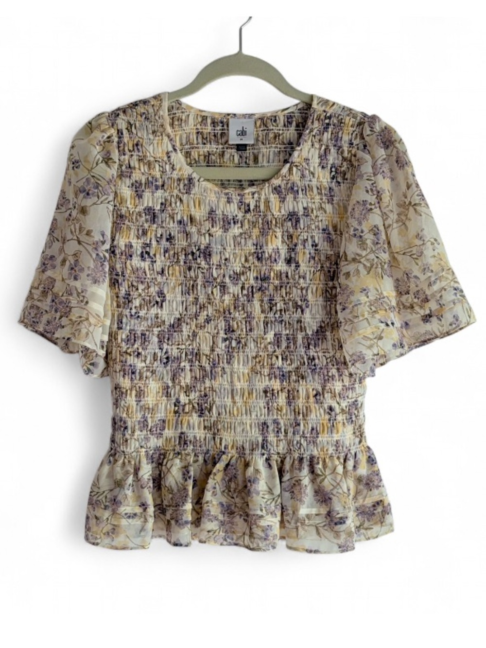 CAbi #6714 Angel Top Floral Short Sleeve  Smocked Blouse Size M